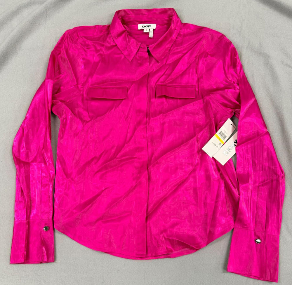 DKNY Satin Shirt Womens Medium Fuchsia Pink Button Front Business Casual NWT